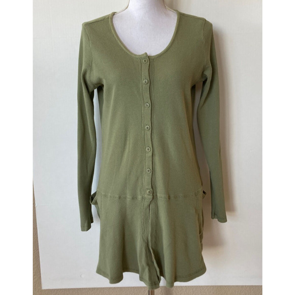 Flax Long Top Vintage Button Down Olive Green Scoop Neck Thermal Waffle Knit M - Picture 1 of 6